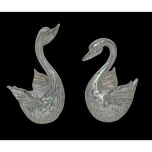 Opalescent Art Glass Swan Figurines: Iridescent Paperweights, Set of 2